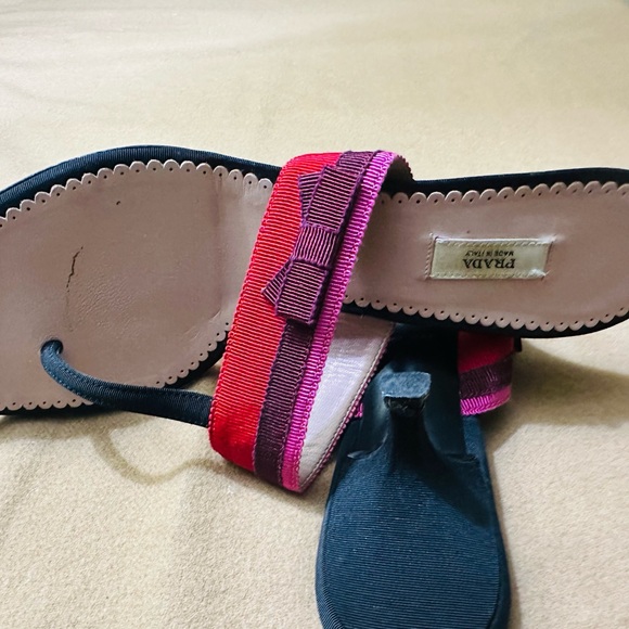 PRADA Women’s Red/Brown/Pink T Strap Grosgrain Fabric Sandal 37.5 EUR, 7.0 US - Picture 11 of 13